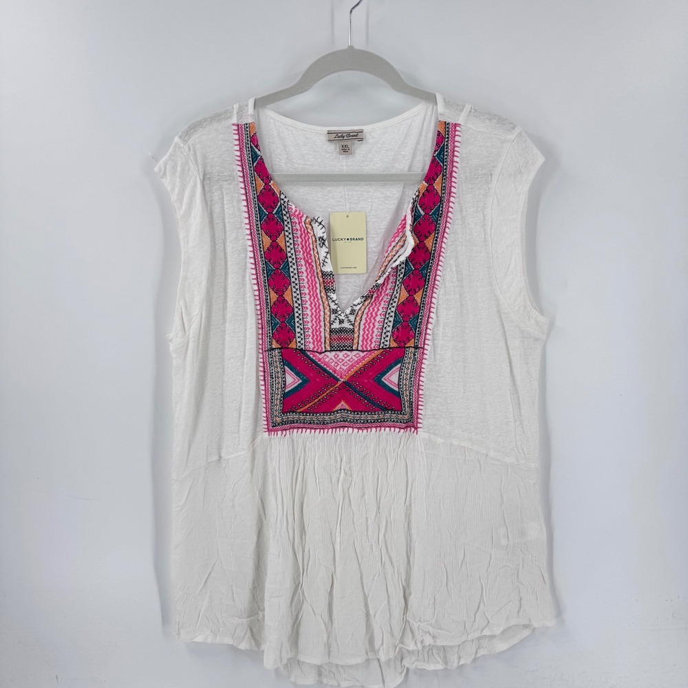 Lucky Brand Embroidered Sleeveless Top White XXL Boho Peasant Linen Blend NWT